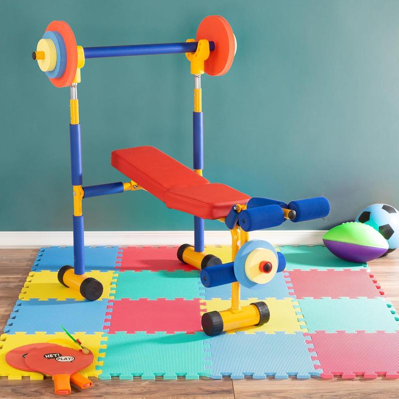 Hey! Play! Kids Weight Bench Set - Toddler Gym for Beginner Exercises and Weightlifting with Leg Press and Barbell - Toys for Ages 3 and Up Medium