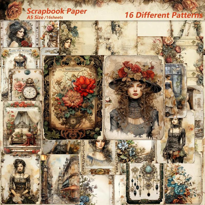 Vintage Victorian Lady Pattern Decorative Craft Paper, 16sheets Pack Aesthetics Decorative Paper For DIY Scrapbook Gift Wrapping, Mother's Day Gift