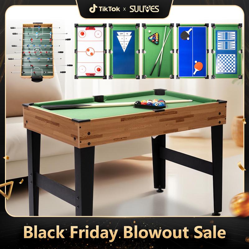 SULIVES 2x4ft 13-in-1 Combo Game Table Set for Home, Combination Tables for Game Room, Friends & Family w Hockey, Football, Billiards, Ping Pong, Shuffleboard, Chess, Checkers, Backgammon, Ring toss mini basketballhoop desk bowling basketballhoop fidget