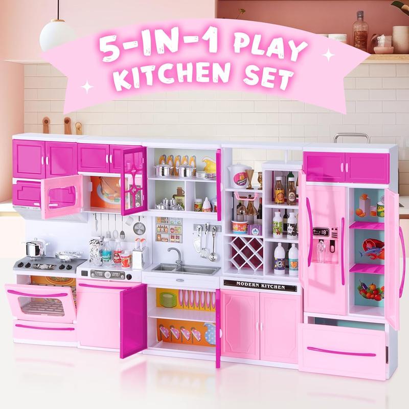 Kitchen Playset for Girls, Play Kitchen Toys for Dolls with Realistic Lights & Sounds, 56PCS Kids Pretend Play Kitchen Toy Accessories, Gifts for Toddlers Girls 3 4 5 6 Year Old