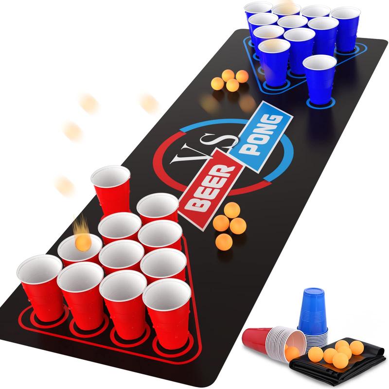 63 x 23.6 inches Beer Pong Table Mat, Drinking Games for Adults Party, 8pcs Beer Pong Balls, 30pcs Beer Pong Cups