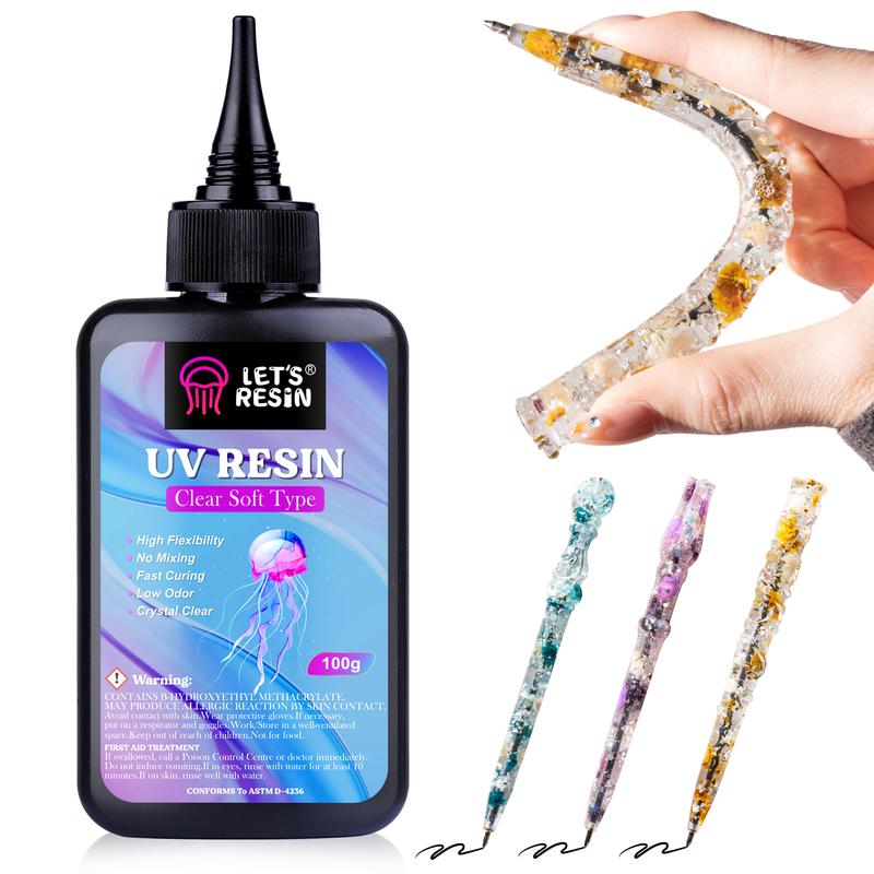 UV Resin Soft Type, 100g Elastic&Bendable Crystal Clear Ultraviolet Epoxy Resin, Low Shrinkage UV Resin Kit for Crafts, Jewelry Making, Decoration - LET'S RESIN