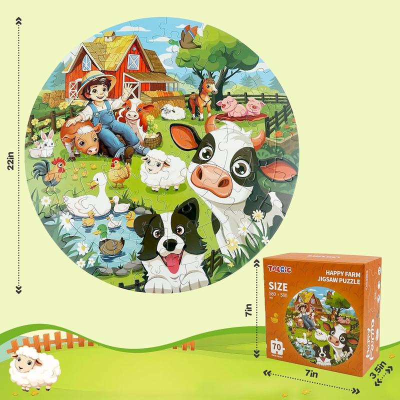 Puzzles for Kids Ages 4-6, 70 Piece Educational Round Floor Puzzles for Kids Ages 3-5, Toddler Farm Puzzles with Animals & Barn, Popular Preschool Toys & Gift Kids Puzzles Ages 3 4 5 6 7 8 9 10