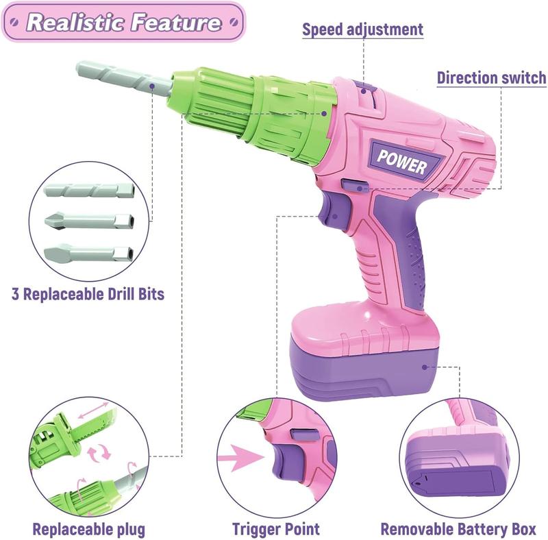 Kids Construction Tool Set for Ages 3+ – Pink Pretend Play Tools with Electric Drill & Chainsaw – Fun Toddler Gifts for Boys & Girls