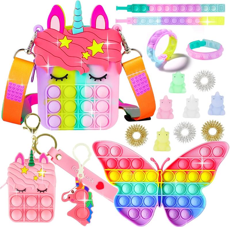 Pop Purse Pack Toy, Unicorn Rainbow Shoulder Crossbody Small Mini Little Keychain, 3 4 5 6 7 8 9 10 12 Year Old Birthday Gifts for Toddler Kids Girl, Christmas Stocking Stuffers