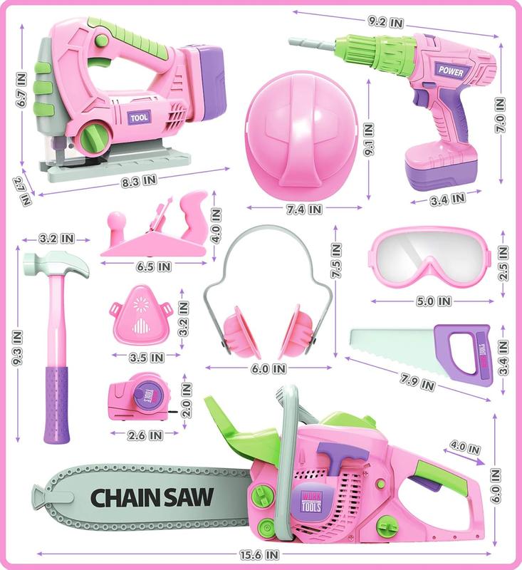 Kids Construction Tool Set for Ages 3+ – Pink Pretend Play Tools with Electric Drill & Chainsaw – Fun Toddler Gifts for Boys & Girls