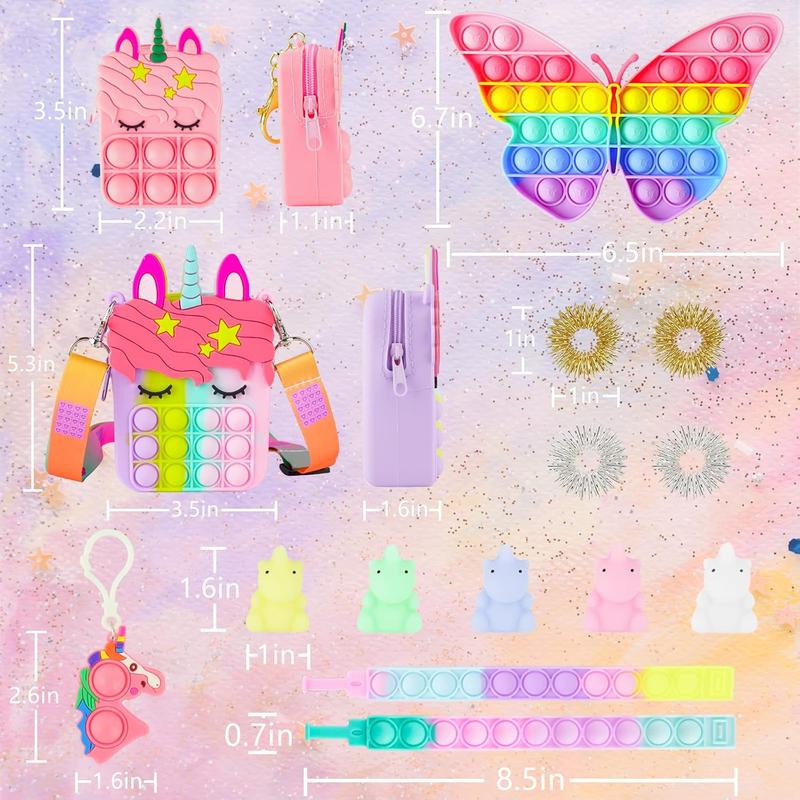 Pop Purse Pack Toy, Unicorn Rainbow Shoulder Crossbody Small Mini Little Keychain, 3 4 5 6 7 8 9 10 12 Year Old Birthday Gifts for Toddler Kids Girl, Christmas Stocking Stuffers