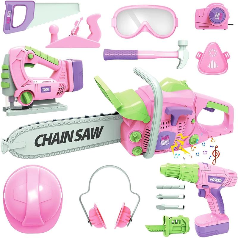 Kids Construction Tool Set for Ages 3+ – Pink Pretend Play Tools with Electric Drill & Chainsaw – Fun Toddler Gifts for Boys & Girls