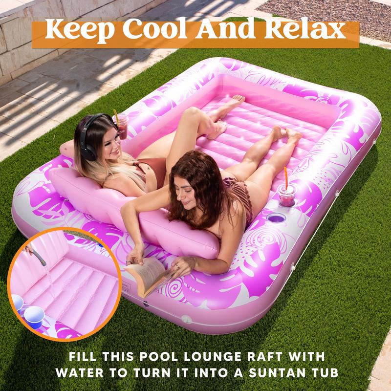 Sloosh-L XL Inflatable Tanning Pool Lounge Float With Cup Holder, 70“X46” 85″ x 57″ More Large Sun Tan Tub Adult Pool Floats Raft