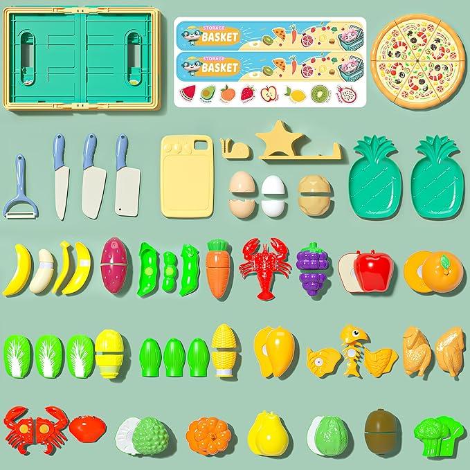 70 PCs Cutting Play Food Toy, Kitchen Pretend Fruit and Vegetables Accessories Toys, Play Kitchen Accessory, Kid Kitchen Toy, Christmas Gifts for Ages 3+ Child's Safe