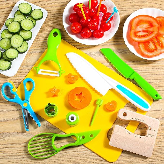 Montessori Kitchen Tools,13 28 Counts Children Knife Set Kids Knife Set for Real Cooking-Kids Kitchen Tools Set Include Children Knives Cutting Boards Sandwich Cutters Peeler for Children Birthday Gift,Safe Material Cooking Set for Kids,Play House Toy