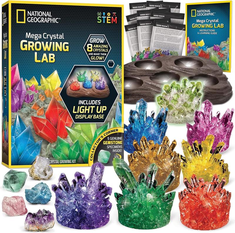 NATIONAL GEOGRAPHIC Mega Crystal Growing Kit for Kids- Grow 8 Crystals with Light-Up Stand, Science Gifts for Kids 8-12, Crystal Making Experiment, Science Kit for Girls and Boys