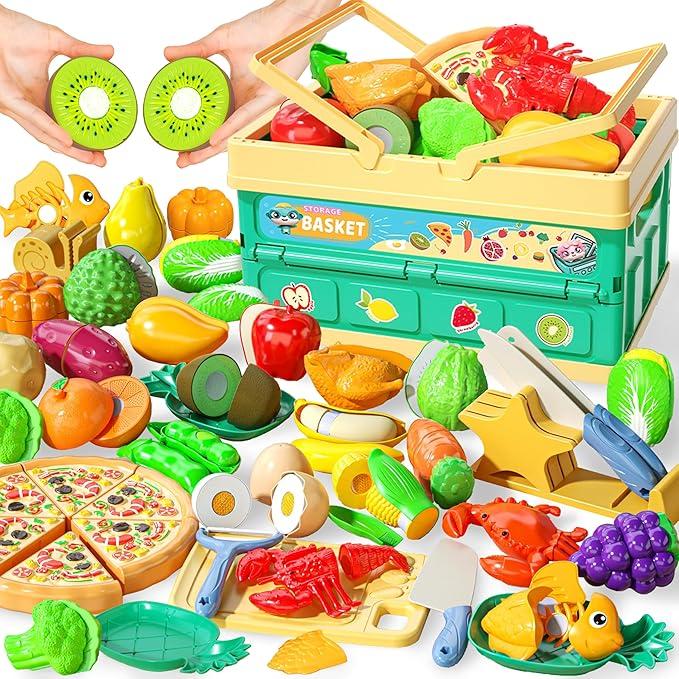 70 PCs Cutting Play Food Toy, Kitchen Pretend Fruit and Vegetables Accessories Toys, Play Kitchen Accessory, Kid Kitchen Toy, Christmas Gifts for Ages 3+ Child's Safe