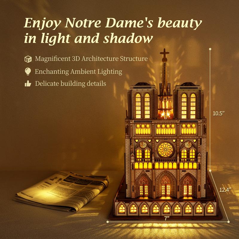 FUNPOLA 3D Puzzle Notre Dame de Paris Building Model with LED Lights for DIY Lovers and Home Décor Gift Ideas Gothic Architecture Intricate Architecture