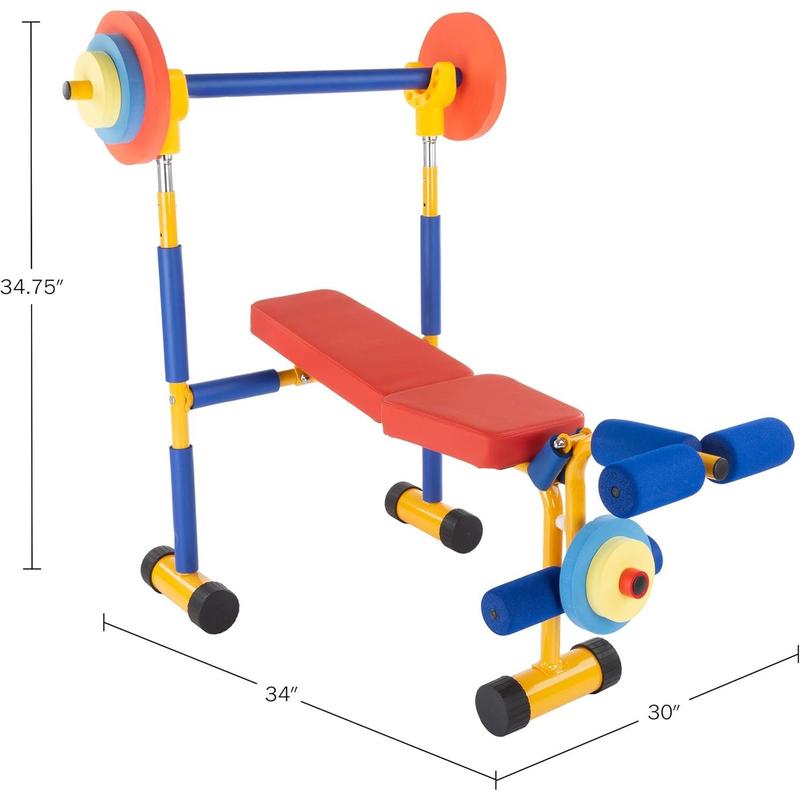 Hey! Play! Kids Weight Bench Set - Toddler Gym for Beginner Exercises and Weightlifting with Leg Press and Barbell - Toys for Ages 3 and Up Medium