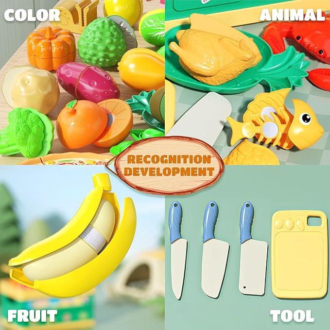 70 PCs Cutting Play Food Toy, Kitchen Pretend Fruit and Vegetables Accessories Toys, Play Kitchen Accessory, Kid Kitchen Toy, Christmas Gifts for Ages 3+ Child's Safe