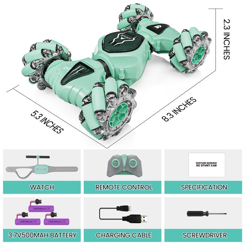 Tecnock Remote Control Car RC Cars for Boys Girls, 2.4GHz 4WD Gesture Sensing RC Stunt Car Toys - 360° Rotating Double Sided Hand Controlled RC Car with Lights, Gifts for Kids, Green