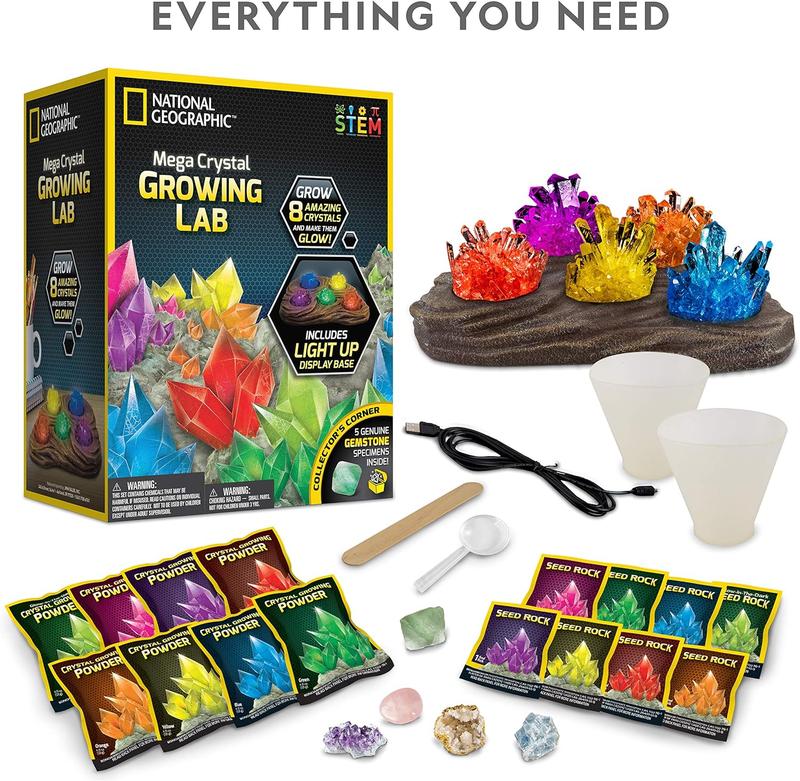 NATIONAL GEOGRAPHIC Mega Crystal Growing Kit for Kids- Grow 8 Crystals with Light-Up Stand, Science Gifts for Kids 8-12, Crystal Making Experiment, Science Kit for Girls and Boys