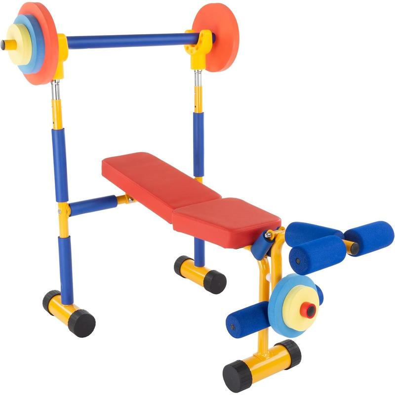 Hey! Play! Kids Weight Bench Set - Toddler Gym for Beginner Exercises and Weightlifting with Leg Press and Barbell - Toys for Ages 3 and Up Medium