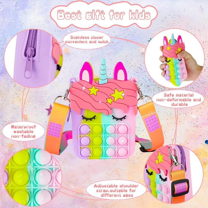 Pop Purse Pack Toy, Unicorn Rainbow Shoulder Crossbody Small Mini Little Keychain, 3 4 5 6 7 8 9 10 12 Year Old Birthday Gifts for Toddler Kids Girl, Christmas Stocking Stuffers