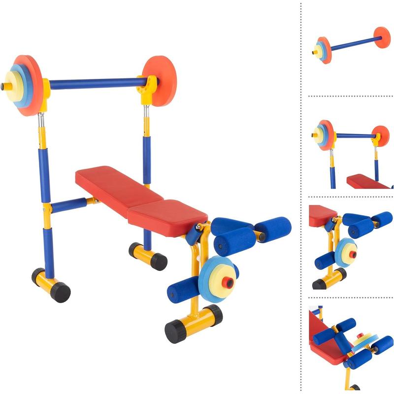 Hey! Play! Kids Weight Bench Set - Toddler Gym for Beginner Exercises and Weightlifting with Leg Press and Barbell - Toys for Ages 3 and Up Medium