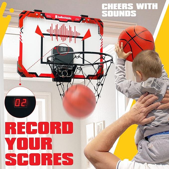 BELLOCHIDDO Basketball Hoop Indoor for Children  and Adults - Mini Basketball Hoop with Electronic Scorerboard and 3 Balls, Over The Door Basketball Hoop Indoor for Wall Bedroom and Office for age 4+