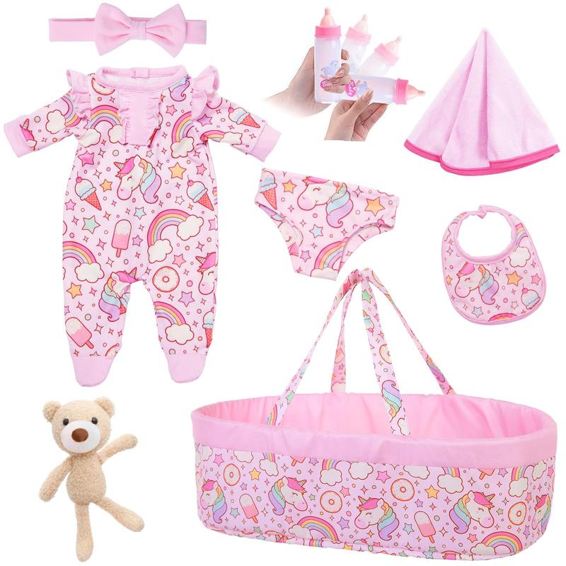 8 Pcs Baby Doll Clothes with Bassinet for 17-22 inch Baby Doll Reborn, Baby Doll Accessories Clothes Outfit Including Doll Nursing Bottle Bib Headband with Unicorn Pattern