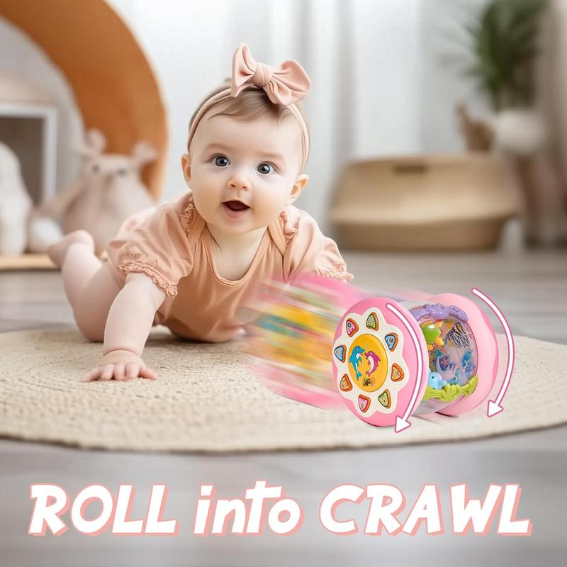 Baby Girl Toys, Ocean Rotating Light Up Musical Toys with Crawling Wheels, Gifts for Boys Girls, Pink