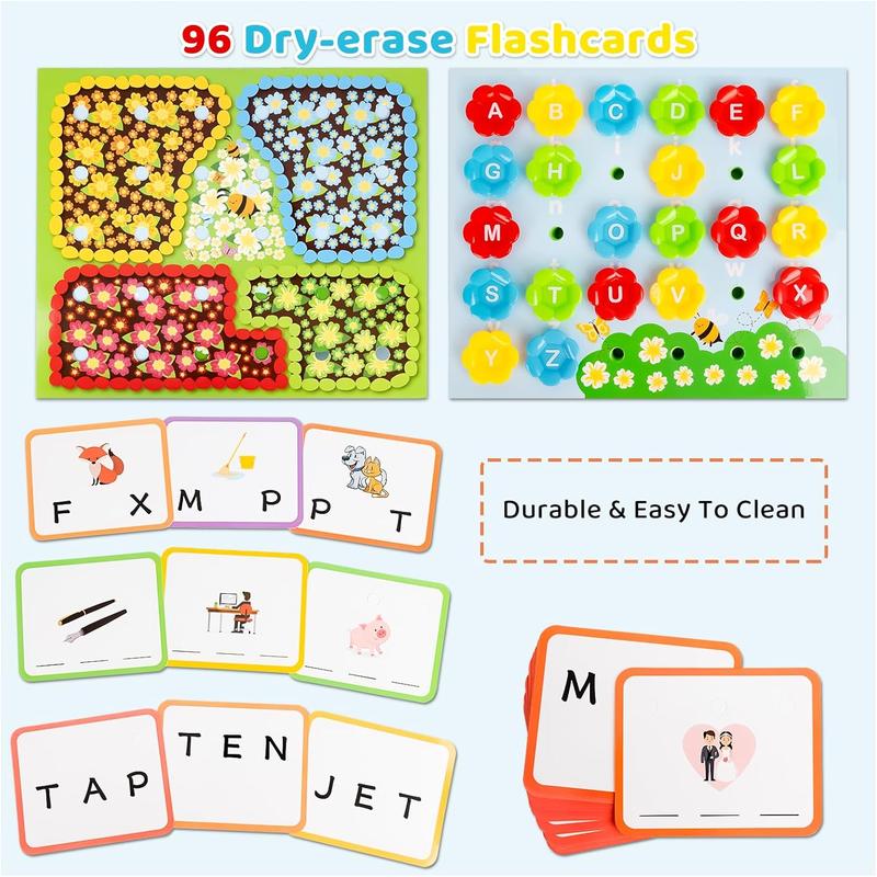 CVC Sight Words Flashcards 96pcs for Kindergarten Learning Activities, Educational Spelling, Writing and Reading Skills Training Toys Gift for 3 4 5 6 Years Old Kids Toddlers, Alphabet Recognition Game with 2 Dry-erase Markers