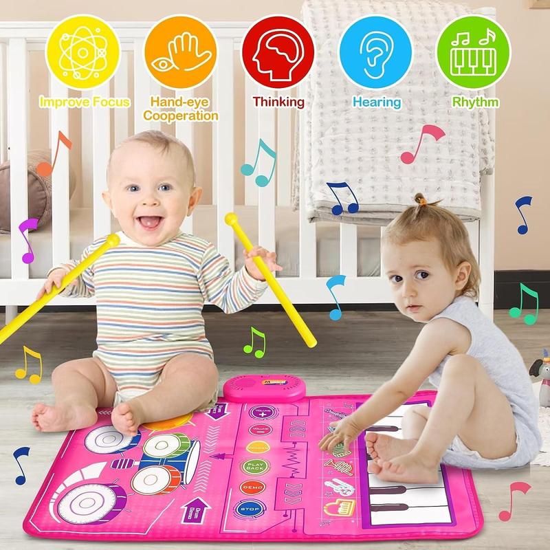 Piano Mat Kids Toys,2 in 1 Kids Music Mat with Keyboard & Drum, Early Educational Musical Toys First Birthday Gifts for 1 2 Year Old Girls & Boys