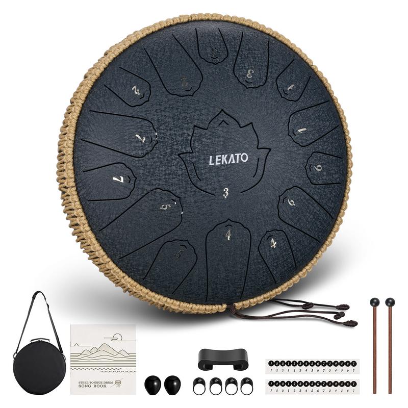 [CRAZY DEAL] LEKATO Steel Tongue Drum Kit, 13 Inch 15 Notes, C Key Steel Drum Set,Professional   Beginner Handpan Rain Drum Percussion, for Meditation Yoga Musical Education Relax Deep Sleep,Music Player Boy Girl Friend Christmas Relaxing Gift