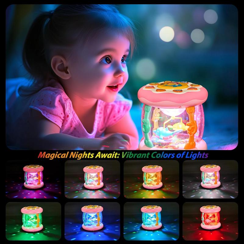 Baby Girl Toys, Ocean Rotating Light Up Musical Toys with Crawling Wheels, Gifts for Boys Girls, Pink