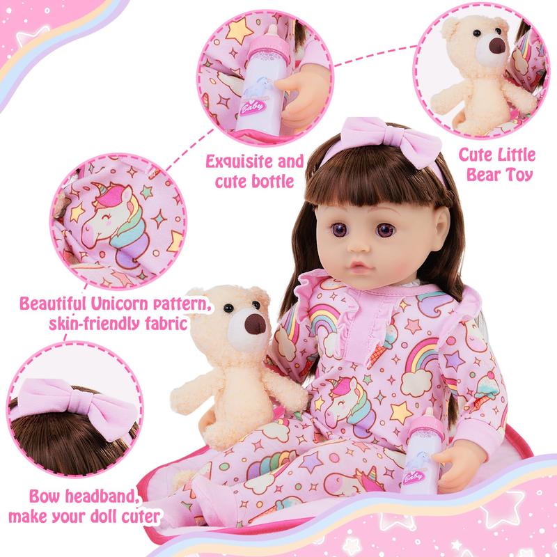 8 Pcs Baby Doll Clothes with Bassinet for 17-22 inch Baby Doll Reborn, Baby Doll Accessories Clothes Outfit Including Doll Nursing Bottle Bib Headband with Unicorn Pattern