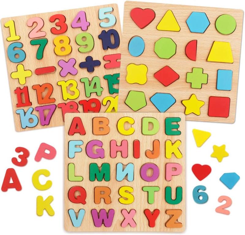 Puzzles for Toddlers,3 Pack Wooden Alphabet Number Shape ABC Name Puzzles Toys for Kids 1-3 Years Old, Montessori Preschool Educational Gift Learning Letter Puzzles Toys Ages 1 2 3 4 5