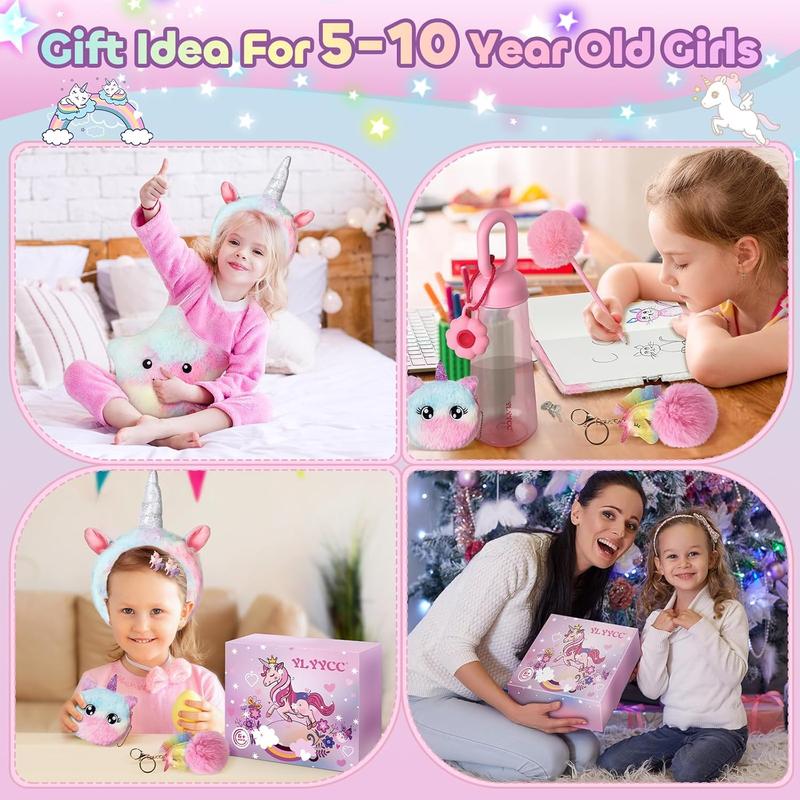 Unicorns Gifts Set for Girls Kids Age 6 7 8 9 10 Years Old, Unicorn Toys with Plush Star Light Up Pillow- Diary- Headband- Sleep Mask- KeyChain-Water Bottle, Teens Birthday Christmas Gift Ideas