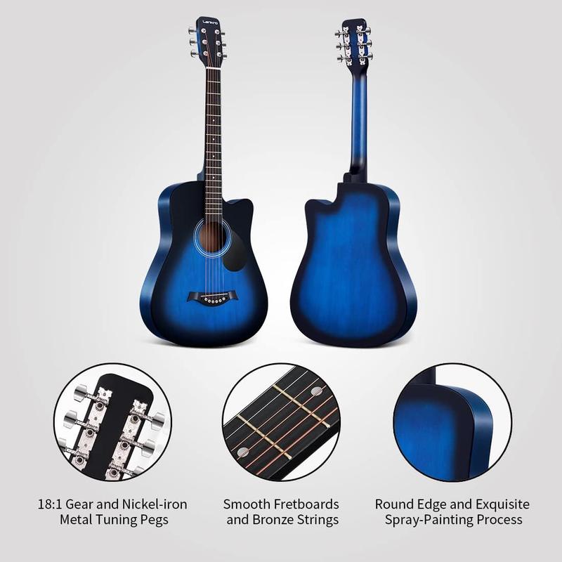 38 inch Guitar Blue Acoustic Guitar Beginner kit Adult Cutaway Acoustic Guitar Guitarras Starter Set Bundle with Padded Gig Bag, Strap, Capo, Strings, Picks