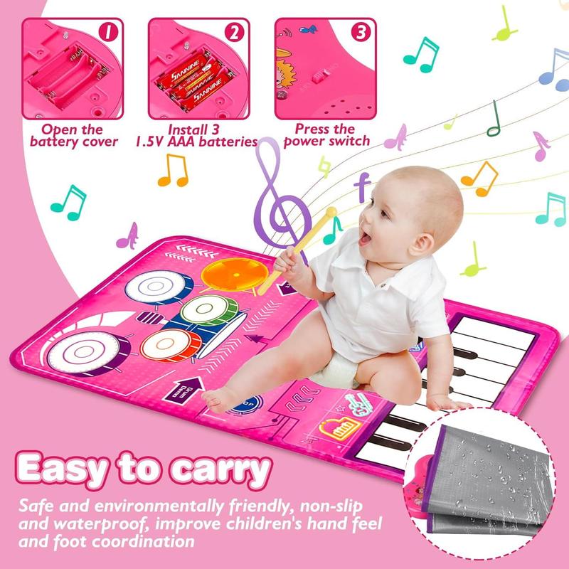 Piano Mat Kids Toys,2 in 1 Kids Music Mat with Keyboard & Drum, Early Educational Musical Toys First Birthday Gifts for 1 2 Year Old Girls & Boys