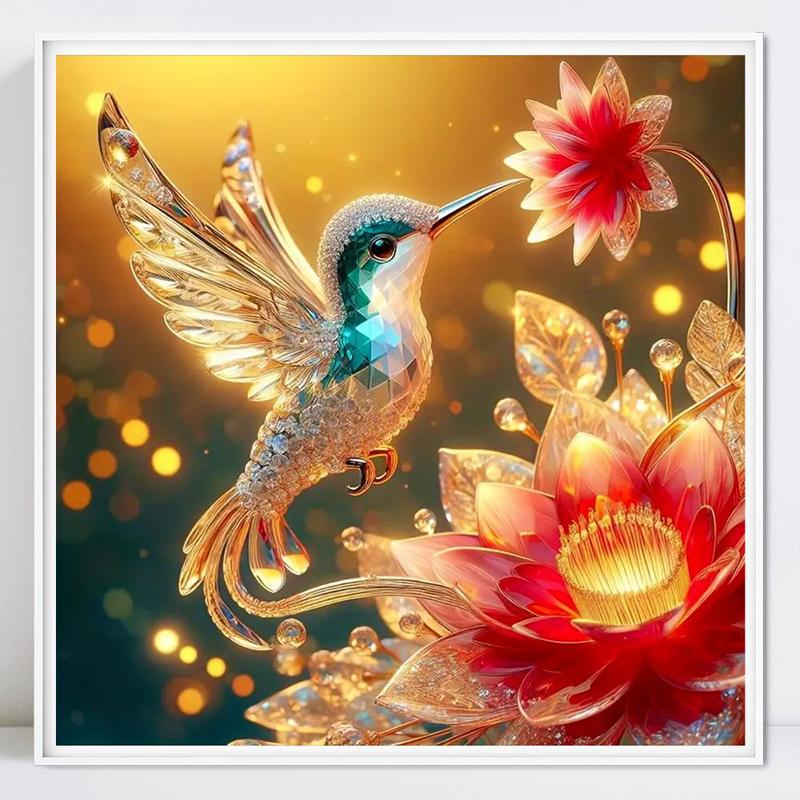 Hummingbird & Lotus Pattern DIY Diamond Arts Colorful Painting Kit without Frame, DIY 5D Diamond Arts Colorful Painting Kit, Wall Art Decor for Home