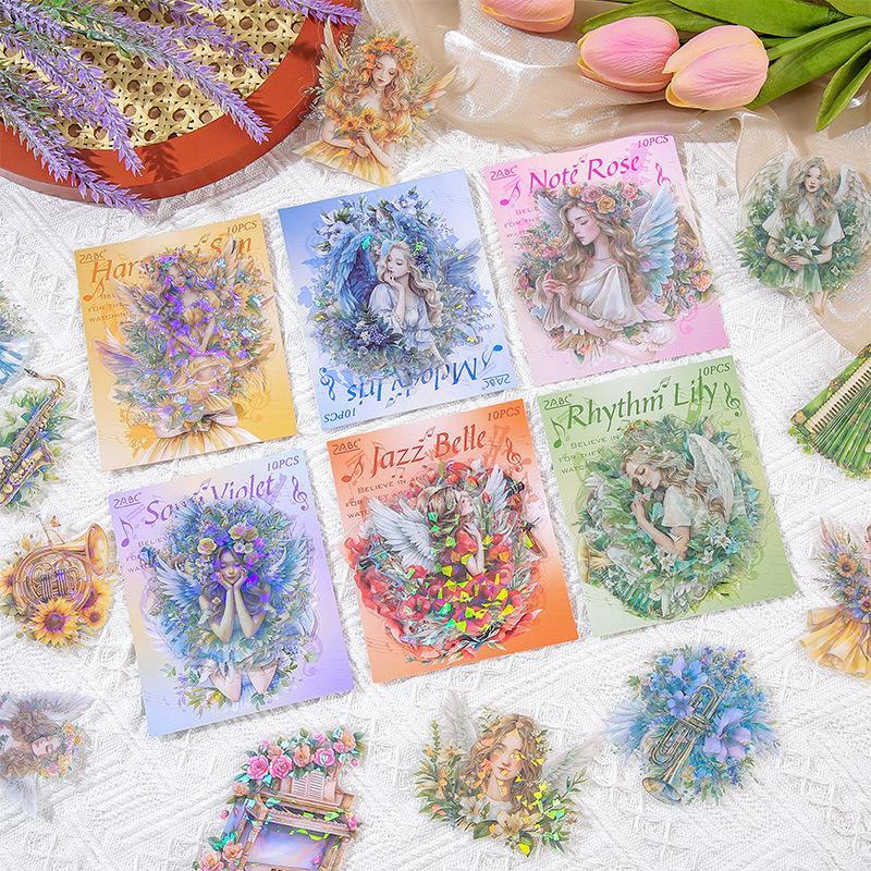 Flower Fairy Series Laser Light Sticker, 10pcs pack Waterproof PET Sticker, DIY Decorative Sticker for Scrapbooking, Journaling, Gift Wrapping