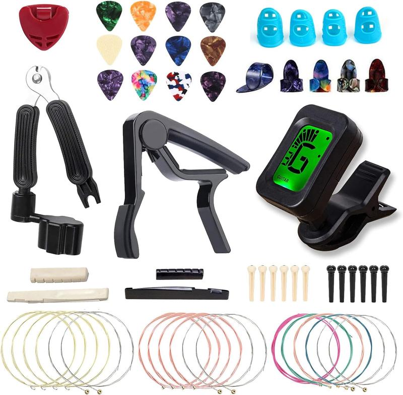 Guitar Accessories Kit with Strings, Tuner, Capo, Restring Tool, Pick Holder & Picks