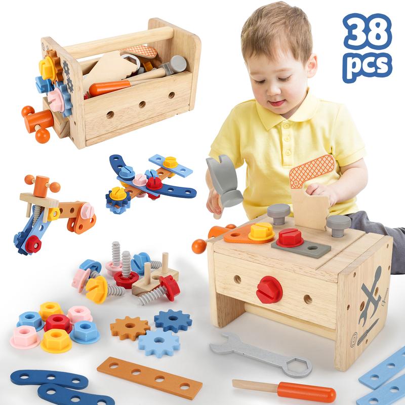 Vextronic Kids Tool Set, 38 PCS Wooden Montessori Toy Tools for Toddlers 1 2 3 4 5 6 with Tool Bench Box, Play Toddler Tool Set, Educational STEM Construction Christmas Birthday Gift for Boys Girls