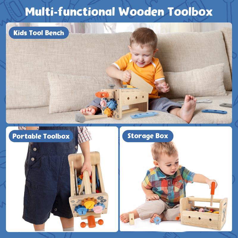 Vextronic Kids Tool Set, 38 PCS Wooden Montessori Toy Tools for Toddlers 1 2 3 4 5 6 with Tool Bench Box, Play Toddler Tool Set, Educational STEM Construction Christmas Birthday Gift for Boys Girls