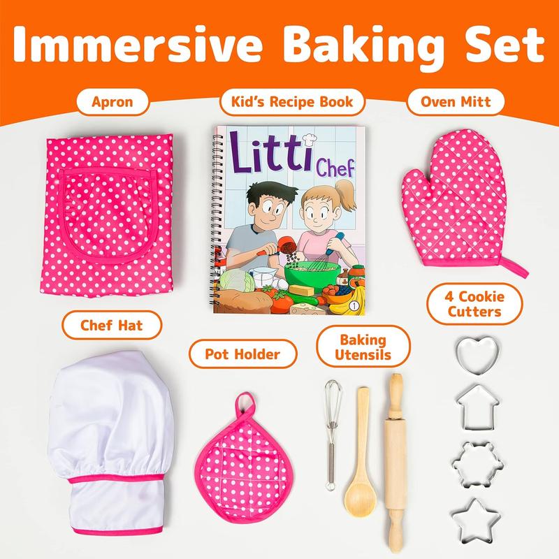 Kids Cooking and Baking Chef Set for Little Girls, Complete Cooking Sets, Toddler Dress Up and Pretend Play Dress Up Clothes for Girls