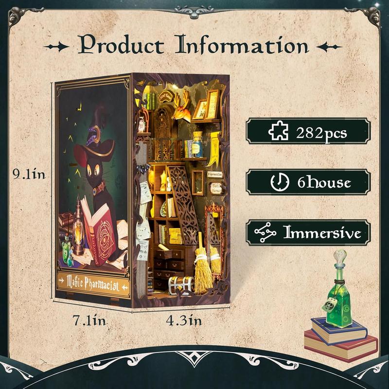 Book Nook Kit, DIY Miniature House Kit Puzzle Booknook for Adults Decorative Bookend Bookshelf Alley Decor for Women Teens Puzzle Lovers(Magic Pharmacist)