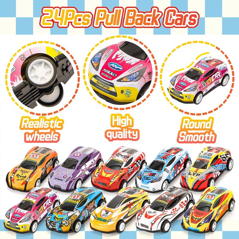 Toy Cars 24Pcs Race Cars Pull Back Cars Playsets with Storage Bags, Party Favors Prizes Fillers Bulk Gifts Car Game Treasure Chest