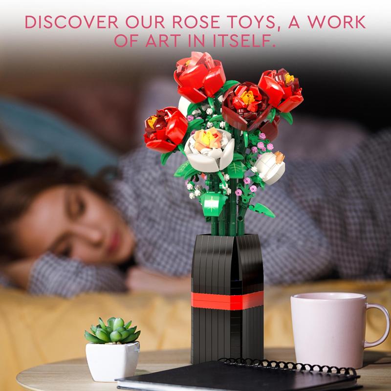 EDUCIRO Flowers Bouquet Building Set (818 PCS) - Christmas, Mother's Day, or Valentine's Gifts Ideal for Kids, Women,Girls and Boys, Roses Toy Building Set with Vase