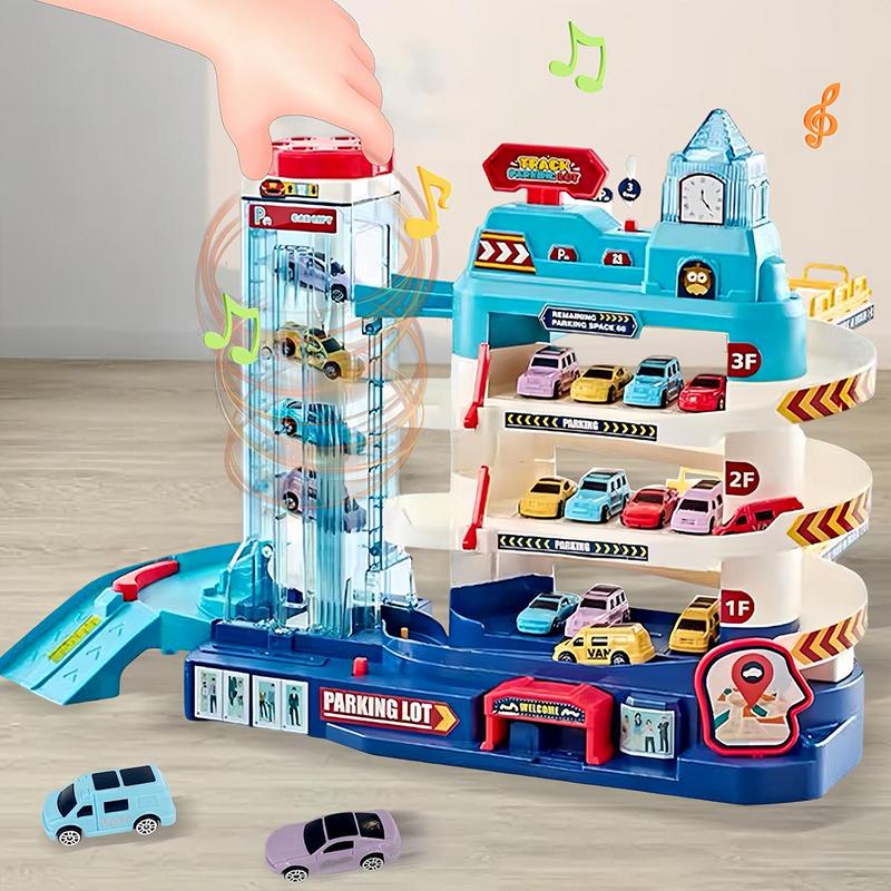 City Multi-layer Parking Tower Toy with Random Color Cars, Electric Car Slide Track Lift Parking Garage Toy, Interactive Toy