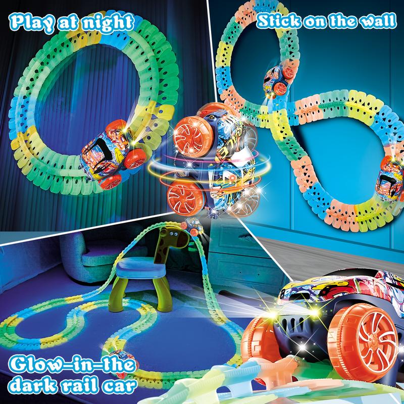 Race Track Glow In The Dark Black Magic Toy Set, Kids Light Up Flexible Car Track - Best Birthday Gift For Boys Girls And Toddler 3+ Years Old