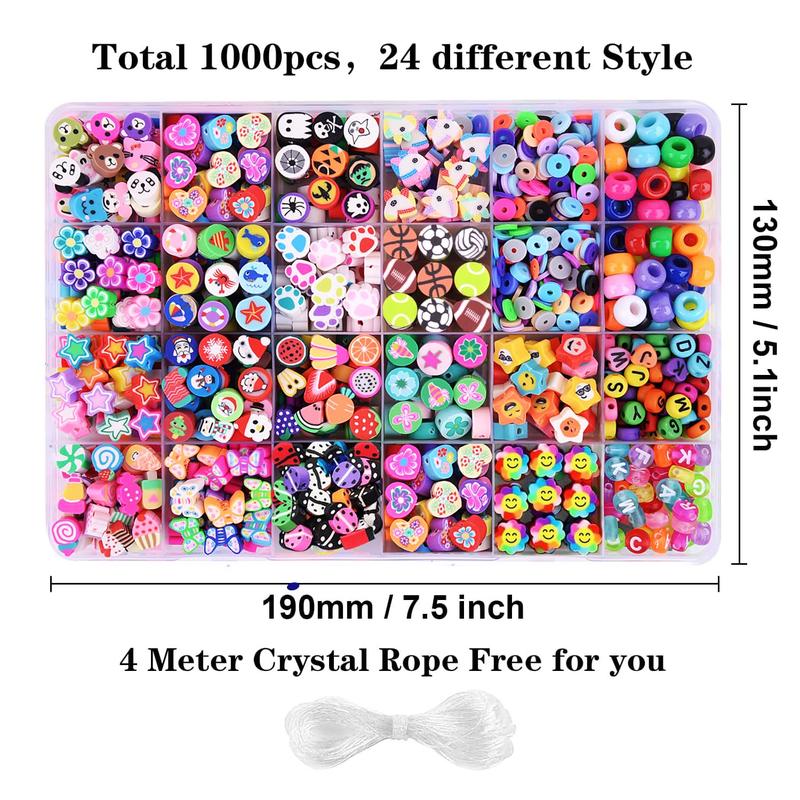 1000pack Polymer Clay Beads Bracelet Making kit, 24 Style Cute Fun Beads Fruit Flower Animal Cake Butterfly Heart Beads Charms for Jewelry Necklace Earring Making DIY Accessories for Women Girls