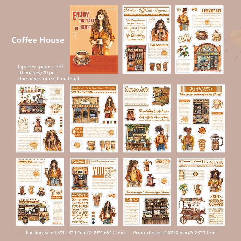 Coffee Themed Sticker Book, 20pcs book Vintage Coffee Pattern Decorative Sticker, DIY Decorative Sticker for Scrapbook, Journal, Gift Wrapping